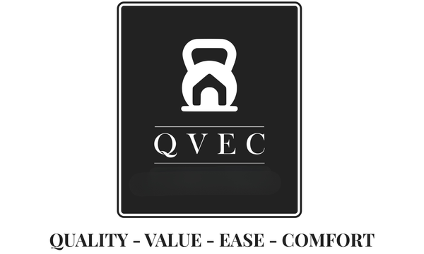 Black square with white kettlebell icon and 'QVEC' text on a white background