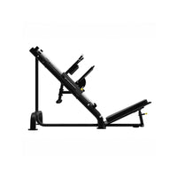 Black leg press gym machine on a white background