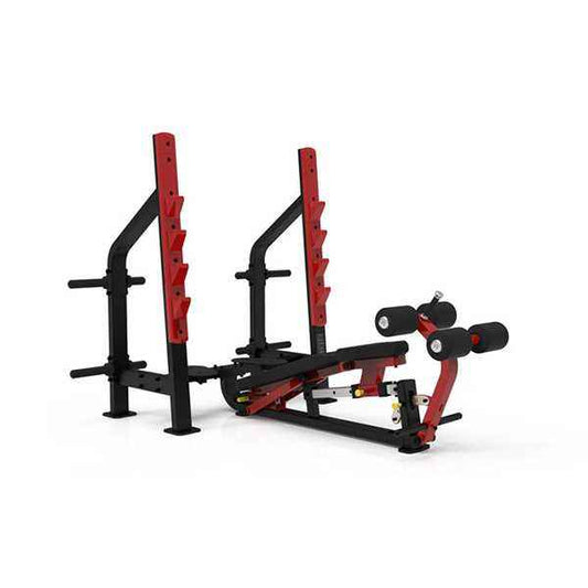 Red and black weightlifting bench on a white background